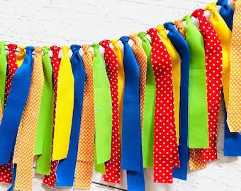 Primary Colors Rag Garland, Rainbow Birthday Banner, Let's Have A Ball, It's A Ball to be ONE