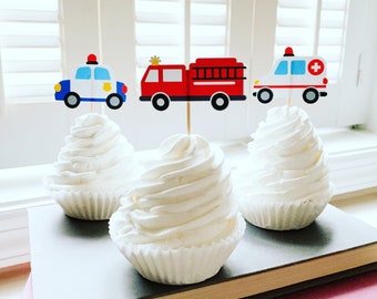 fire and rescue birthday party*emergency vehicle cupcake toppers*firetruck birthday*police birthday*ambulance*firetruck*police