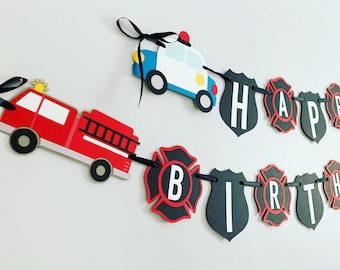 police and firetruck birthday decorations, police and firetruck banner, first responders, fire and rescue, emergency vehicles, police badge