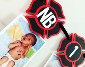 Firetruck 1st Birthday Photo Banner, Fireman Badge Milestone Display