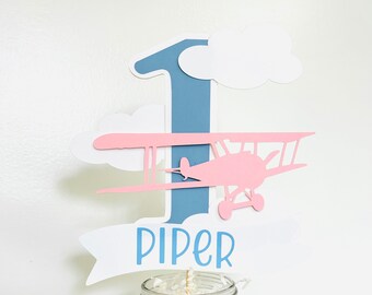 pink time flies first birthday cake topper, biplane birthday decorations, airplane birthday decorations, airplane cake topper