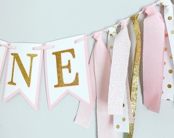 pink and gold first birthday decorations, pink gold high chair banner, pink gold cake smash banner, pink gold birthday decorations