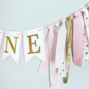 pink and gold first birthday decorations, pink gold high chair banner, pink gold cake smash banner, pink gold birthday decorations