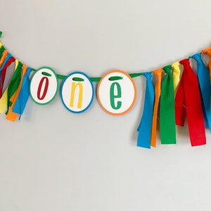 Let's have a ball, It's a ball to be one high chair banner featuring primary colors