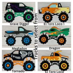 monster jam inspired truck cutouts that include grave digger, megladon, el toro loco, tornado and dragon