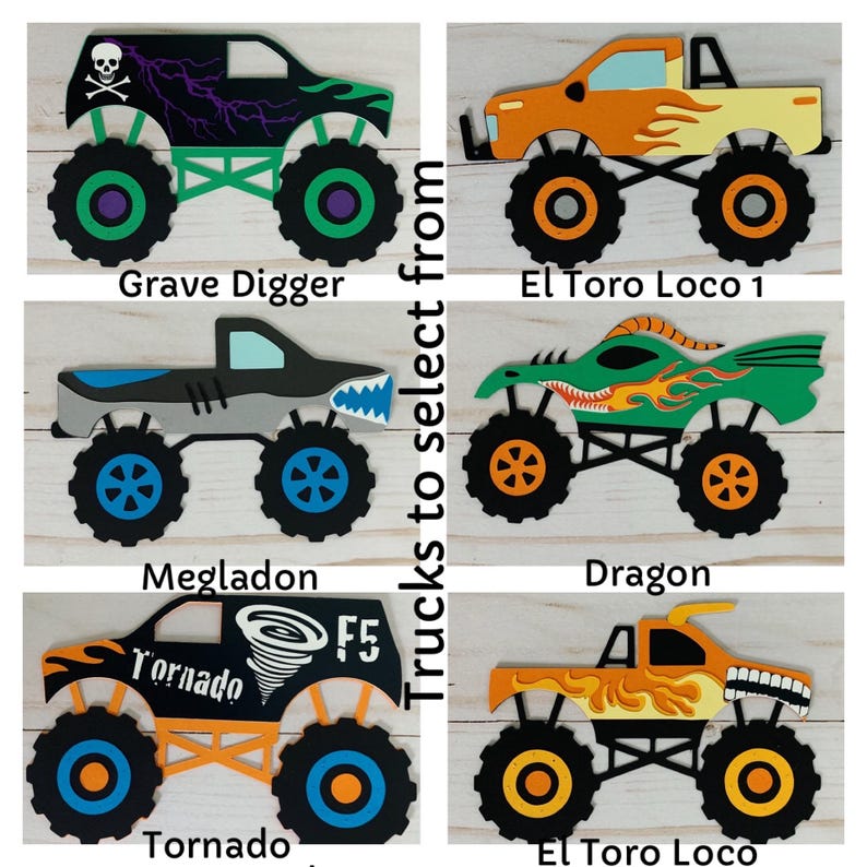 monster jam inspired truck cutouts that include grave digger, megladon, el toro loco, tornado and dragon