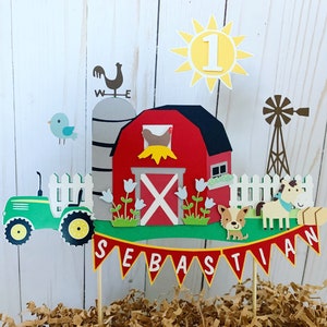 tractor and barn cake topper, barnyard birthday decorations, farm animals decorations, old macdonald had a farm baby shower cake topper image 9