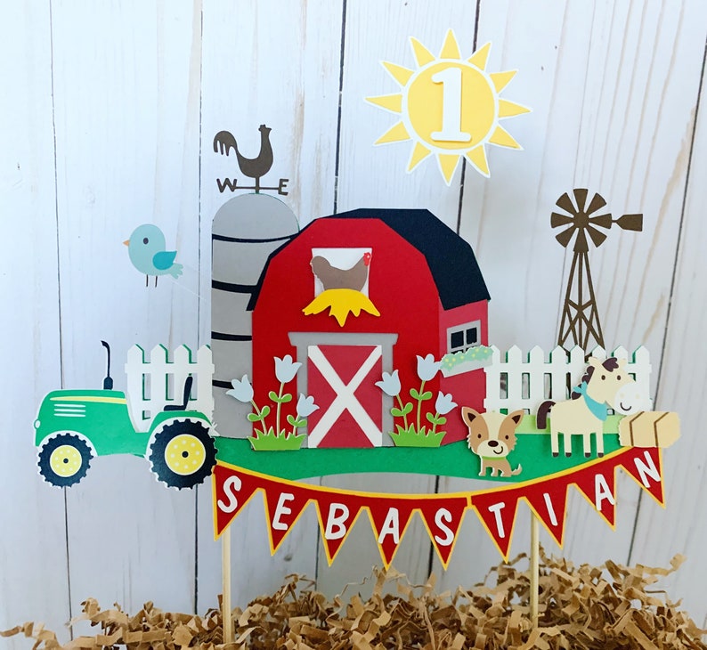 tractor and barn cake topper, barnyard birthday decorations, farm animals decorations, old macdonald had a farm baby shower cake topper image 9