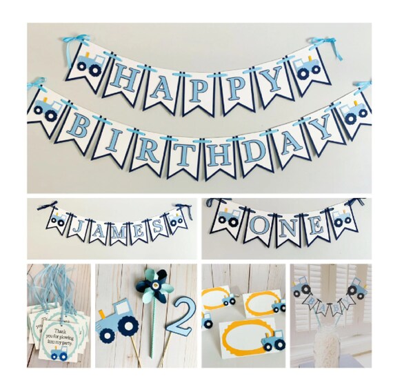 blue tractor happy birthday banner, blue tractor decorations, tractor
