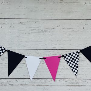Checkered Flag Racing Pennant Banner, Race Car Birthday Decor, Motocross Decorations, Fast One, Two Fast, Winner's Circle, Racing Bedroom Hot Pink