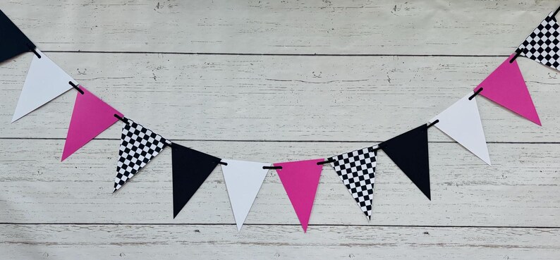 Checkered Flag Racing Pennant Banner, Race Car Birthday Decor, Motocross Decorations, Fast One, Two Fast, Winner's Circle, Racing Bedroom Hot Pink