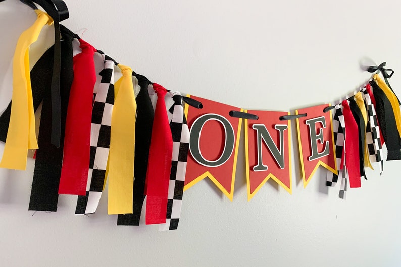 racing high chair first birthday banner