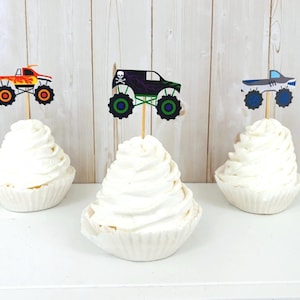 monster jam monster truck cupcake toppers featuring grave digger, el toro loco, megalodon, dragon and tornado