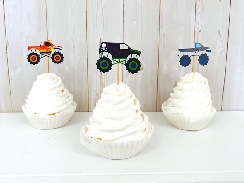 monster jam monster truck cupcake toppers featuring grave digger, el toro loco, megalodon, dragon and tornado