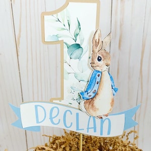 Personalized Peter Rabbit 1st Birthday Cake Topper, Baby Shower, Pink Brown base on number