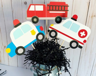 Emergency Vehicle Centerpiece Set, Firetruck, Police Car, Ambulance