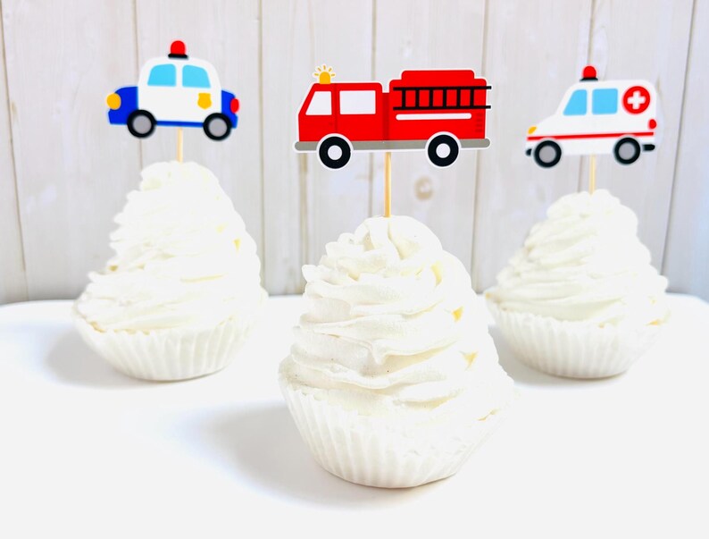 emergency vehicles cupcake toppers that include firetrucks, ambulances and police cars