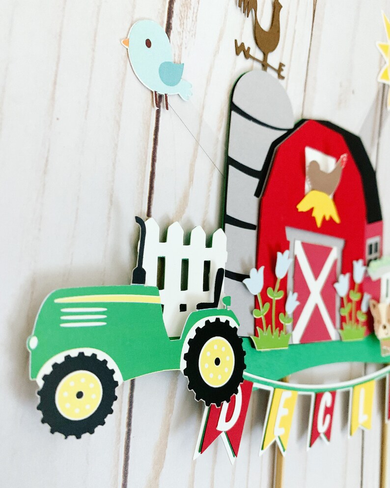 tractor and barn cake topper, barnyard birthday decorations, farm animals decorations, old macdonald had a farm baby shower cake topper image 8