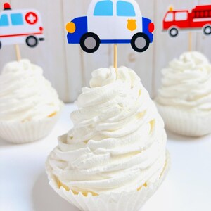 emergency vehicles cupcake toppers that include firetrucks, ambulances and police cars