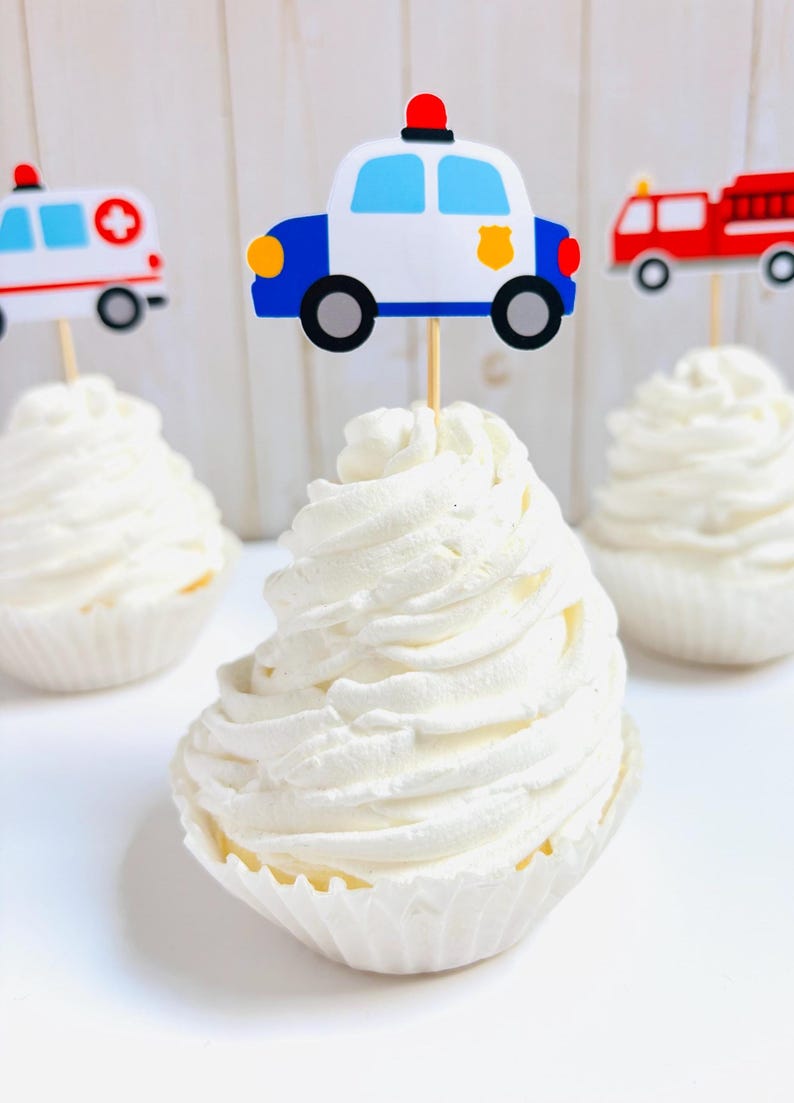 emergency vehicles cupcake toppers that include firetrucks, ambulances and police cars