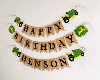 Lawnmower Birthday Banner, Tractor Theme, Green, Deer Accents