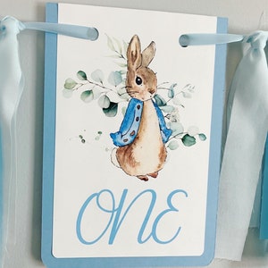 Peter Rabbit high chair banner featuring either a blue Peter Rabbit, pink Peter Rabbit, yellow Peter Rabbit or Green Peter Rabbit. The fabric will coordinate with the color of Peter Rabbit's jacket. The banner is available to read an age or name.