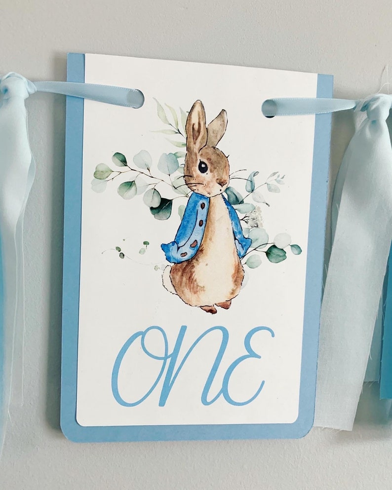 Peter Rabbit high chair banner featuring either a blue Peter Rabbit, pink Peter Rabbit, yellow Peter Rabbit or Green Peter Rabbit. The fabric will coordinate with the color of Peter Rabbit's jacket. The banner is available to read an age or name.