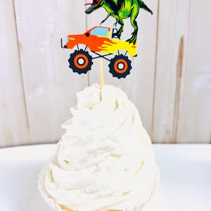 monster truck and t-rex cupcake toppers featuring dragon, megalodon, el toro loco, tornado and grave digger