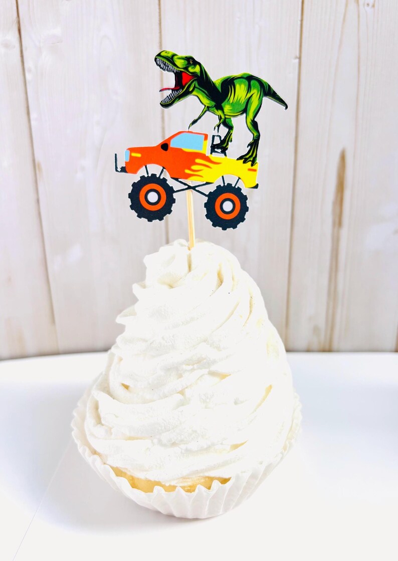 monster truck and t-rex cupcake toppers featuring dragon, megalodon, el toro loco, tornado and grave digger