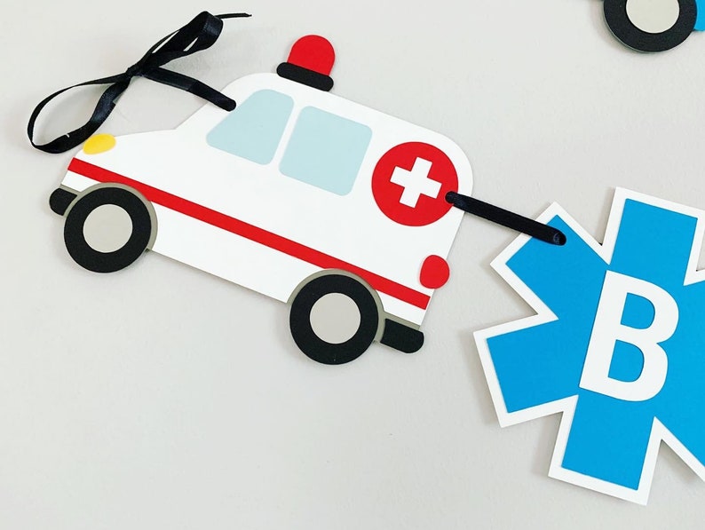 first responders emergency vehicle happy birthday banner featuring police car and badges, EMT ambulance and emblem, firetruck and fire emblem