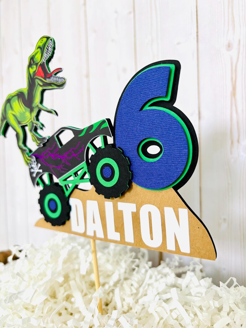 Monster Jam Inspired Grave Digger T-Rex Dinosaur birthday cake topper