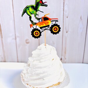 monster truck and t-rex cupcake toppers featuring dragon, megalodon, el toro loco, tornado and grave digger