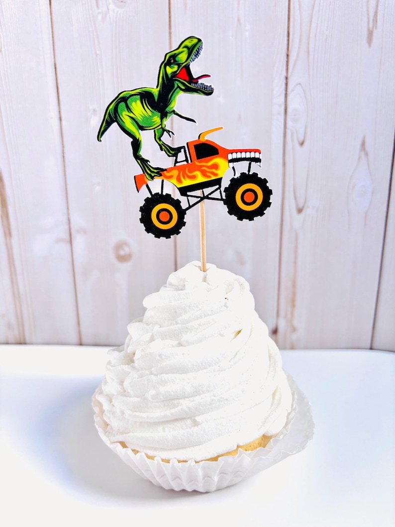 monster truck and t-rex cupcake toppers featuring dragon, megalodon, el toro loco, tornado and grave digger
