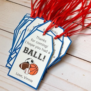 sports birthday party, sports party favor tags, baseball birthday, basketball birthday, soccer party, football party, all star sports party