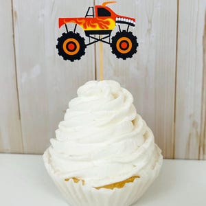 monster jam monster truck cupcake toppers featuring grave digger, el toro loco, megalodon, dragon and tornado