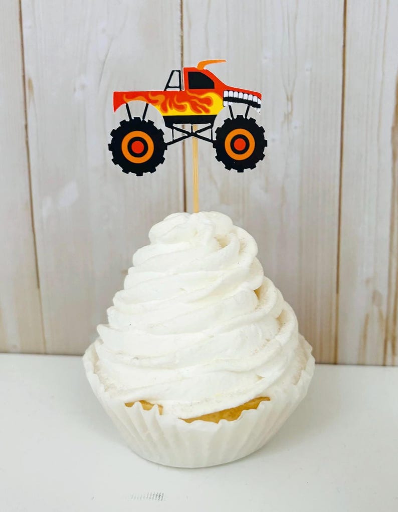 monster jam monster truck cupcake toppers featuring grave digger, el toro loco, megalodon, dragon and tornado