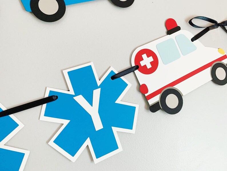 first responders emergency vehicle happy birthday banner featuring police car and badges, EMT ambulance and emblem, firetruck and fire emblem