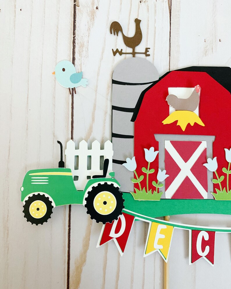 tractor and barn cake topper, barnyard birthday decorations, farm animals decorations, old macdonald had a farm baby shower cake topper image 2