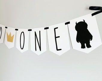 Wild One Birthday Banner, Gold Crown, Monster Theme