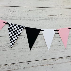 Checkered Flag Racing Pennant Banner, Race Car Birthday Decor, Motocross Decorations, Fast One, Two Fast, Winner's Circle, Racing Bedroom Light Pink