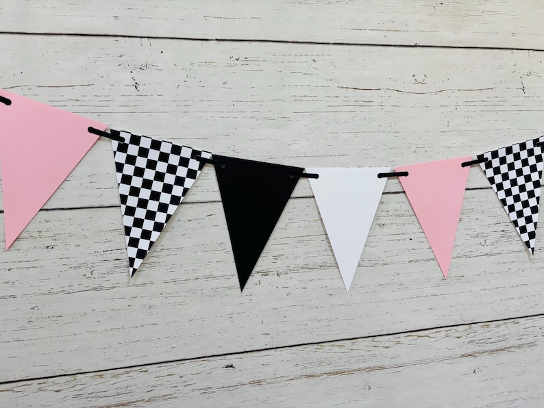 Checkered Flag Racing Pennant Banner, Race Car Birthday Decor, Motocross Decorations, Fast One, Two Fast, Winner's Circle, Racing Bedroom Light Pink