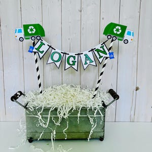 personalized garbage trash truck birthday cake topper, custom green garbage recycling trash truck decor, blue trash bin, trash bash