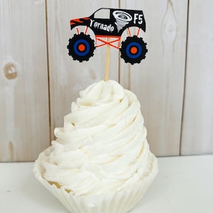 monster jam monster truck cupcake toppers featuring grave digger, el toro loco, megalodon, dragon and tornado