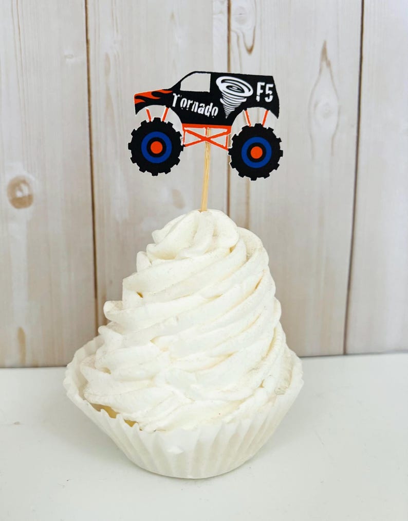monster jam monster truck cupcake toppers featuring grave digger, el toro loco, megalodon, dragon and tornado