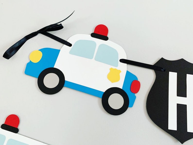 first responders emergency vehicle happy birthday banner featuring police car and badges, EMT ambulance and emblem, firetruck and fire emblem