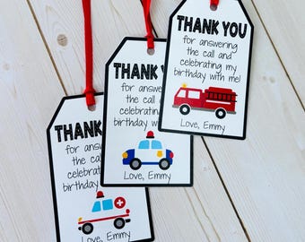 Emergency Vehicle Birthday Favor Tags, First Responders Party