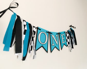 fast one teal birthday party, race car birthday party, checkered flag birthday banner, race car high chair banner, cake smash photo banner