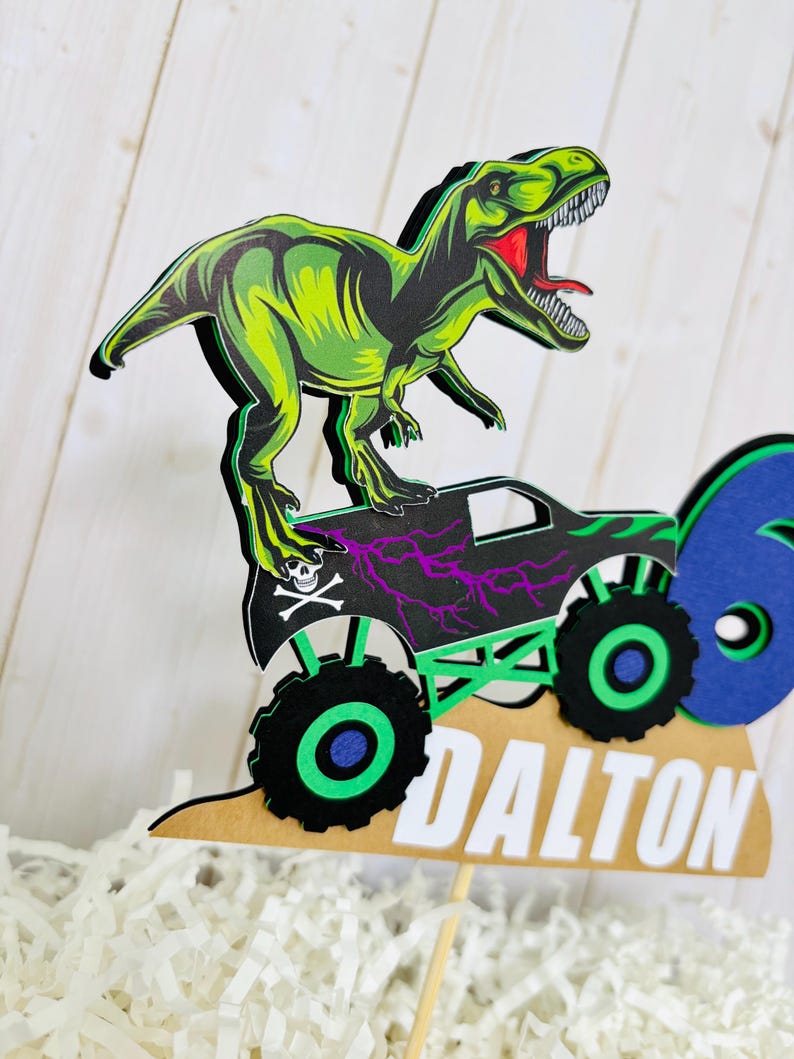 Monster Jam Inspired Grave Digger T-Rex Dinosaur birthday cake topper