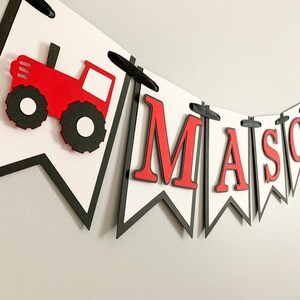 red tractor name banner, tractor birthday party decor, tractor baby shower decor, tractor bedroom decor, farm barnyard, closed cab tractor