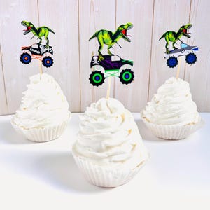 monster truck and t-rex cupcake toppers featuring dragon, megalodon, el toro loco, tornado and grave digger